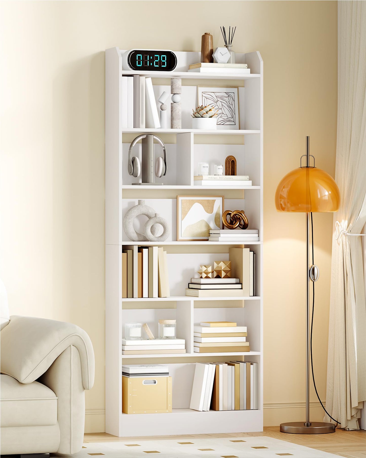 Hzuaneri 6-Tier Bookcase, Bookshelf with 8 Adjustable Storage Shelf Unit, White Bookcase for Living Room, Home Office, Bedroom, Study, 24 x 60 x 199 cm, White, BC11703X