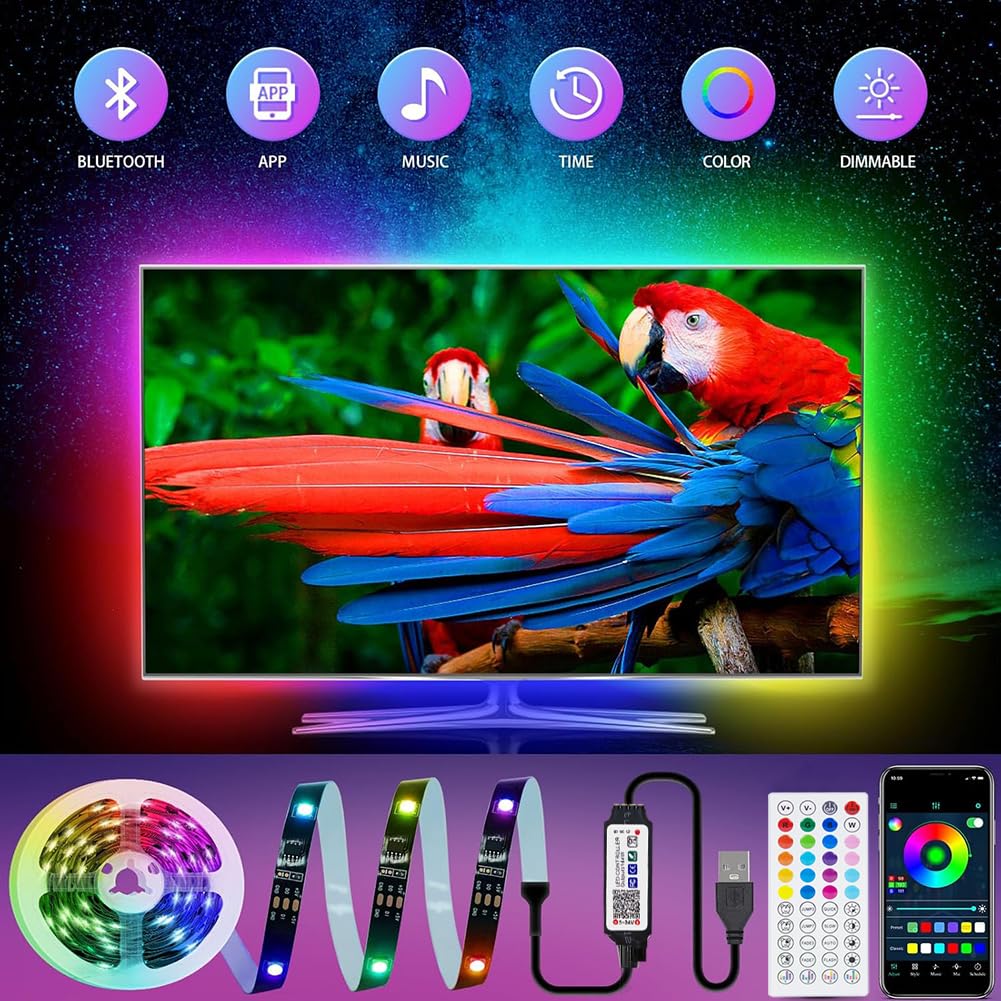 Led Strip Lights 1M/3.28ft, TV LED Backlight with Smart App Control Remote, 5050 RGB Music Sync Colour Changing, USB Smart LED Strip Light for TV,Computer, Monitor, Bedroom, Party and Home Decoration