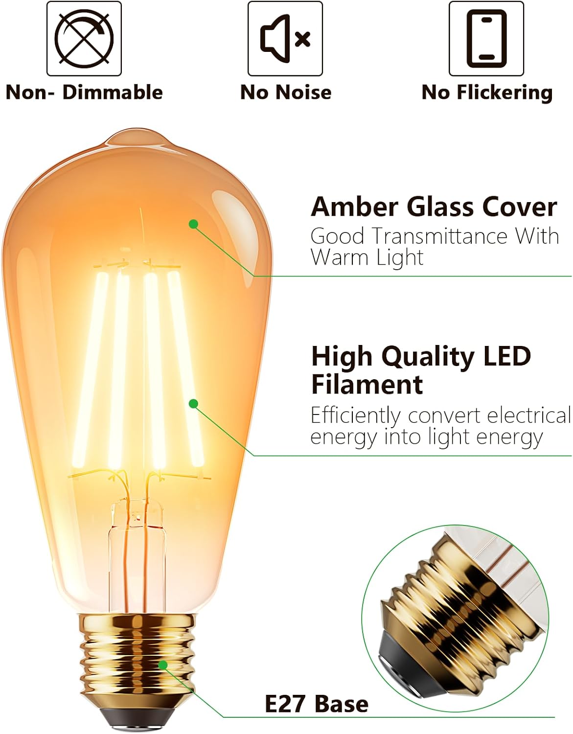 Vanke E27 Vintage Light Bulb, 6W(60W Equivalent), Warm White 2700K, 2-Pack