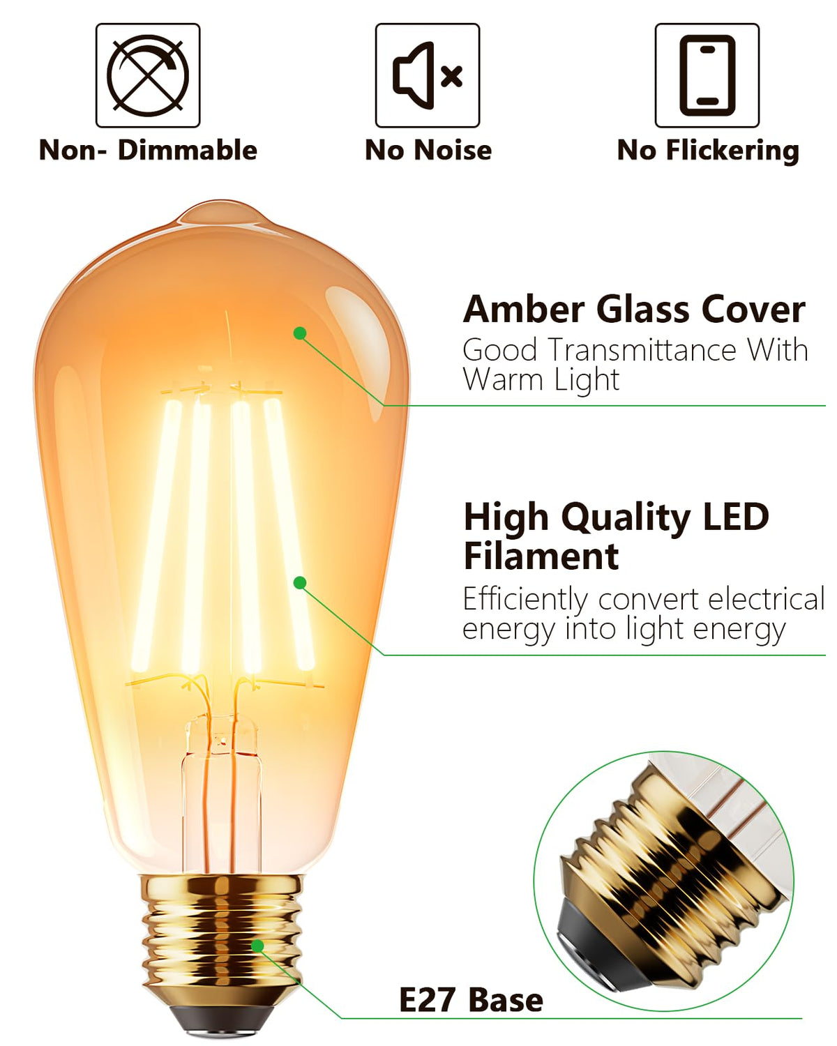 Vanke E27 Vintage Light Bulb, 6W(60W Equivalent), Warm White 2700K, 2-Pack