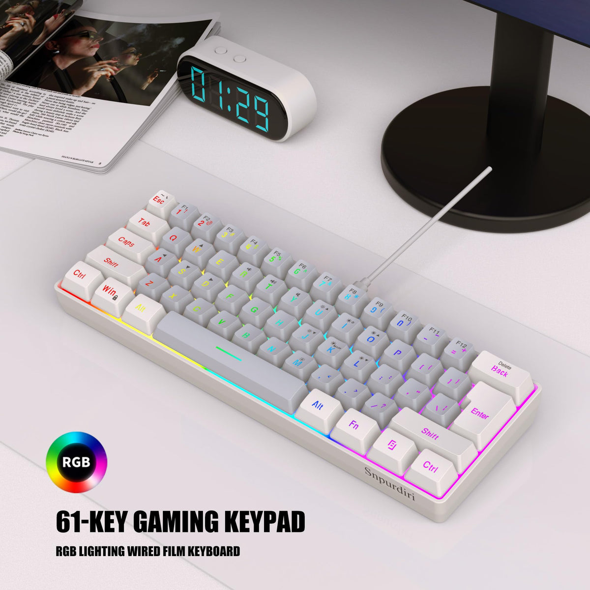 Snpurdiri Wired Mechanical Gaming Keyboard, 60% Size, LED Backlight, 61 Keys, Small Wired Office Keyboard for Windows Laptop/PC, Mac (Black-Red, Blue Switches)
