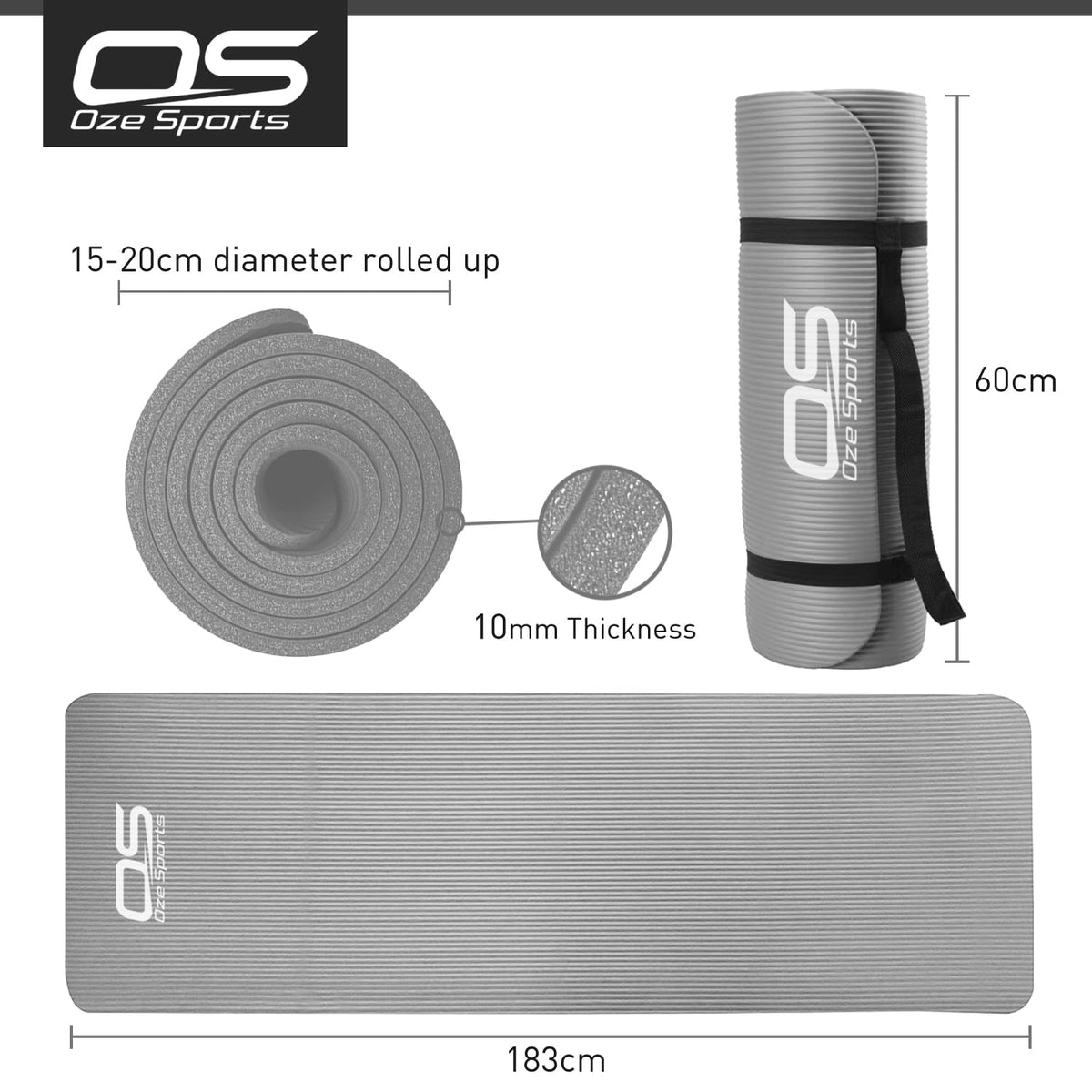 OZE SPORTS Yoga Mat, NBR Foam, Extra Thick, Non-Slip, High Density, Large, for Pilates, Gymnastics, HiiT and Fitness, with Free Carry Strap