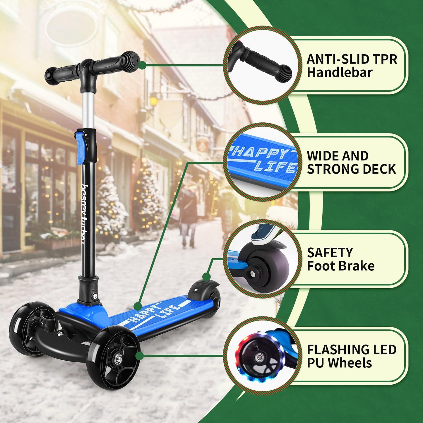 besrey 3-Wheel Toddler Scooter with Lean-to-Steer — Foldable, Anti-Slip Deck | Max 50 kg