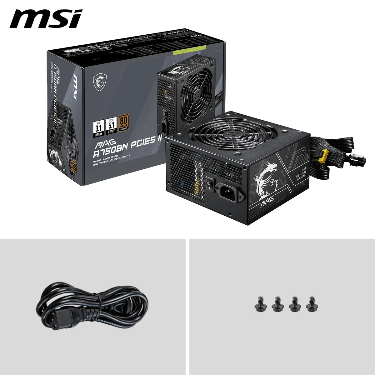 MSI MAG A750GL PCIE5 Power Supply Unit, 750W, 80 Plus Gold, Fully Modular, ATX 3.0, PCIe 5.0 GPU Support, 120mm FDB Fan, Full-Bridge LLC, Flat Black Cables - 7 Year Warranty