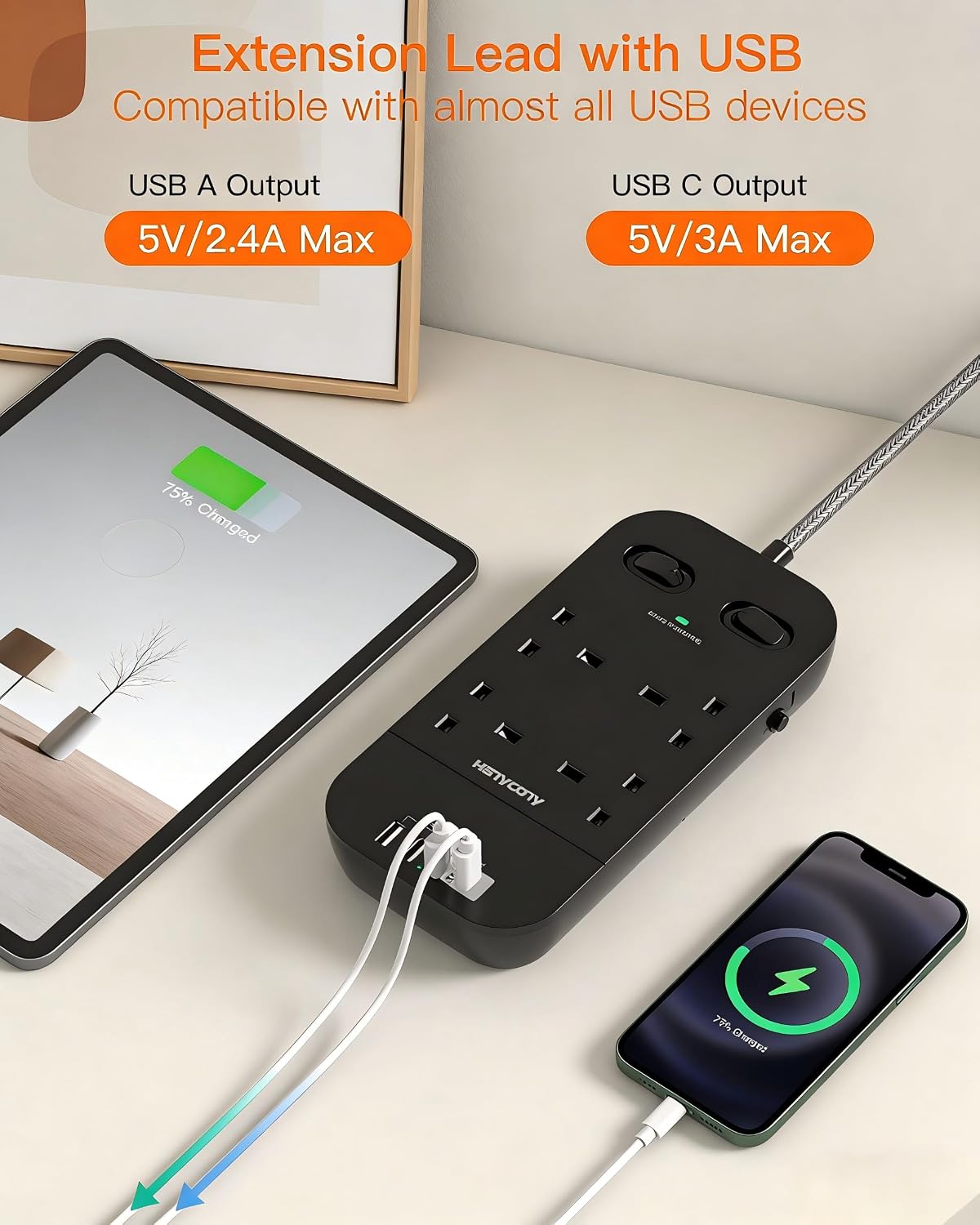 5M Extension Lead Surge Protected, 4 Way Outlets with 2 USB C & 2 USB A