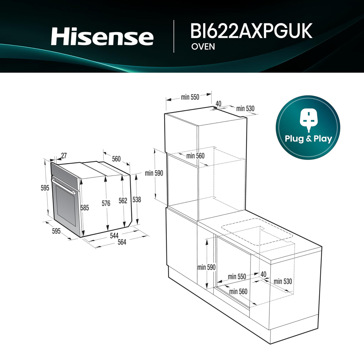 Hisense BI62020ABGUK - Built-in 60L Electric Single Oven - Black - 530x595x595 mm (DxWxH) - A Rated, Extra Large