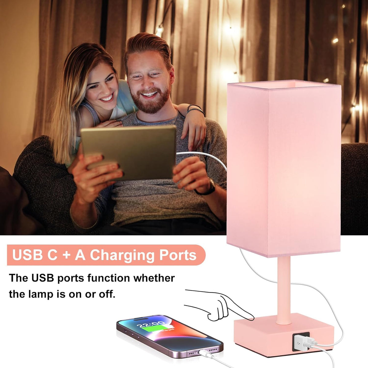 Pink Touch Lamp, Bed Lamp with Dual USB Charging Ports, Pink-Base (Bulb Included)