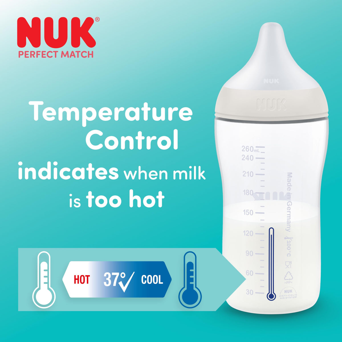 NUK Perfect Match Newborn Baby Bottle Set | 0+ Months | 150ml | Anti Colic Feeding Bottle | PP | Temperature Control Indicator | Rainbow | 4 Count