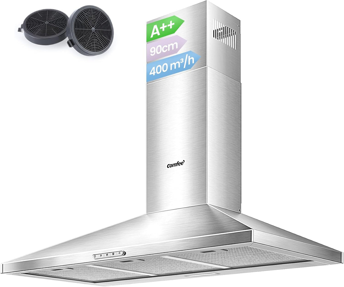 COMFEE' 90 cm Chimney Cooker Hood Class A++ Extractor Hood with LED and Recirculating & Ducting System Wall Mounted Range Hood 900 mm Extractor Fan kitchen with Carbon Filters