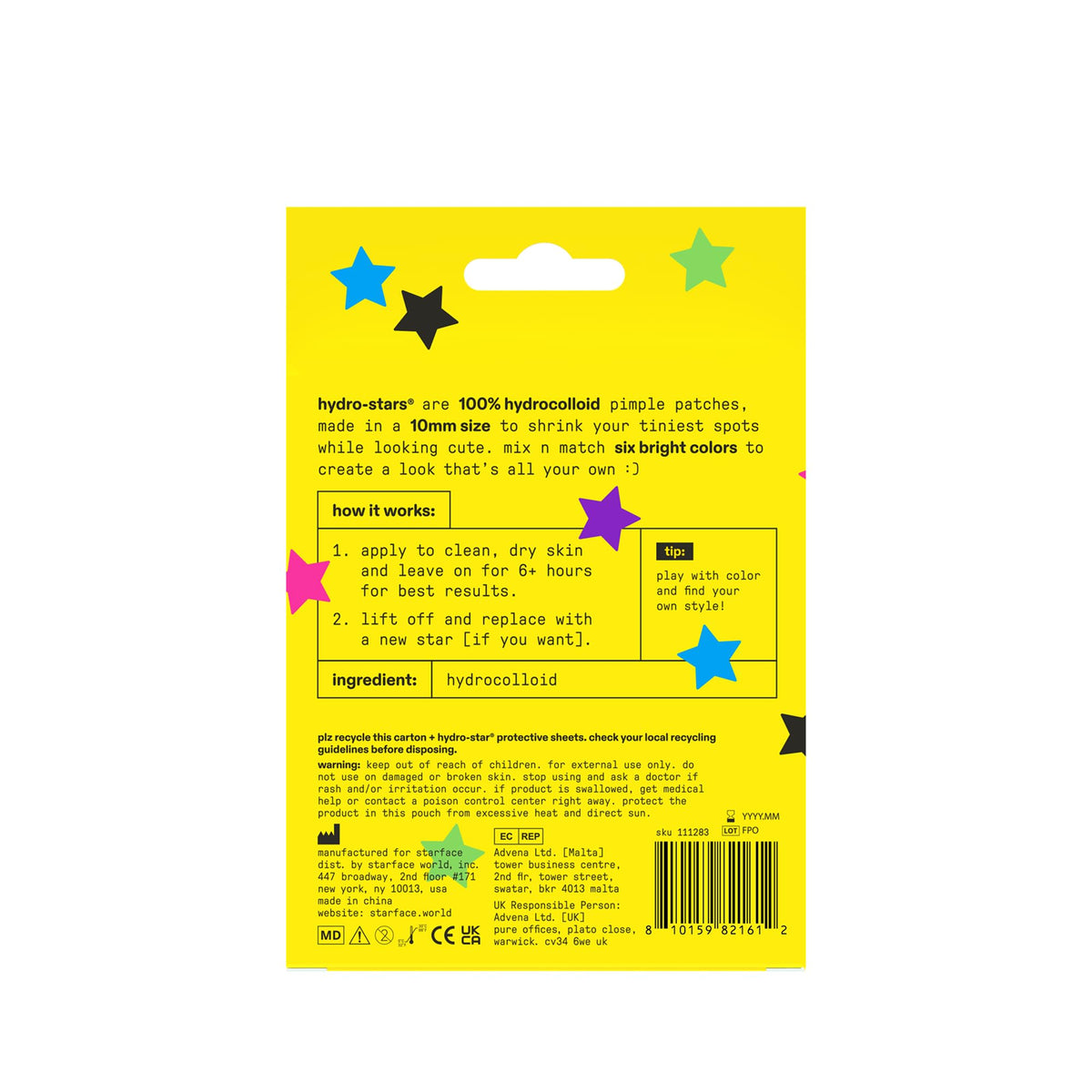Starface Hydro-Star® Black Hydrocolloid Star-Shaped Pimple Patch, 96 ct