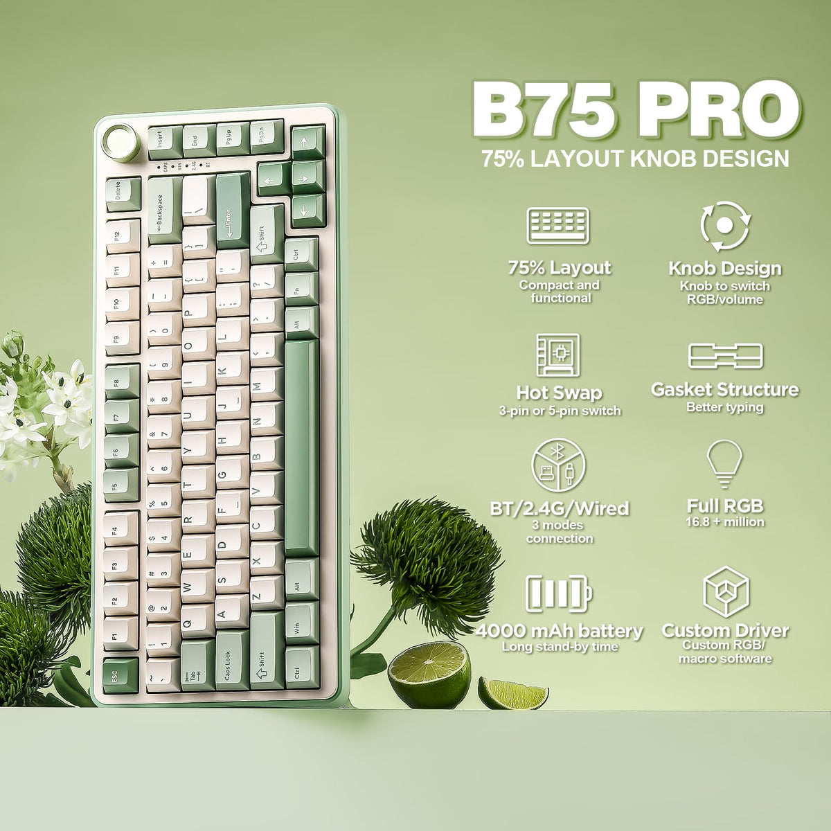 YUNZII B75 PRO 75% Wireless Mechanical Keyboard (Black Heart,Cocoa Switch)