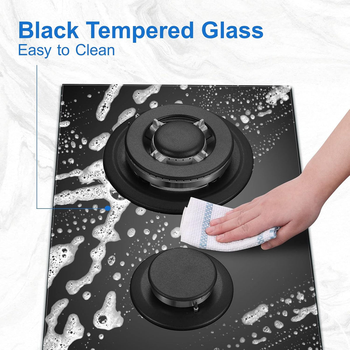 TopStrong Gas Hob 4 Burners, 60cm Black Glass Built-in Cooktop with 8060W Wok Burner & Thermocouple Protection, Natural Gas & LPG Compatible
