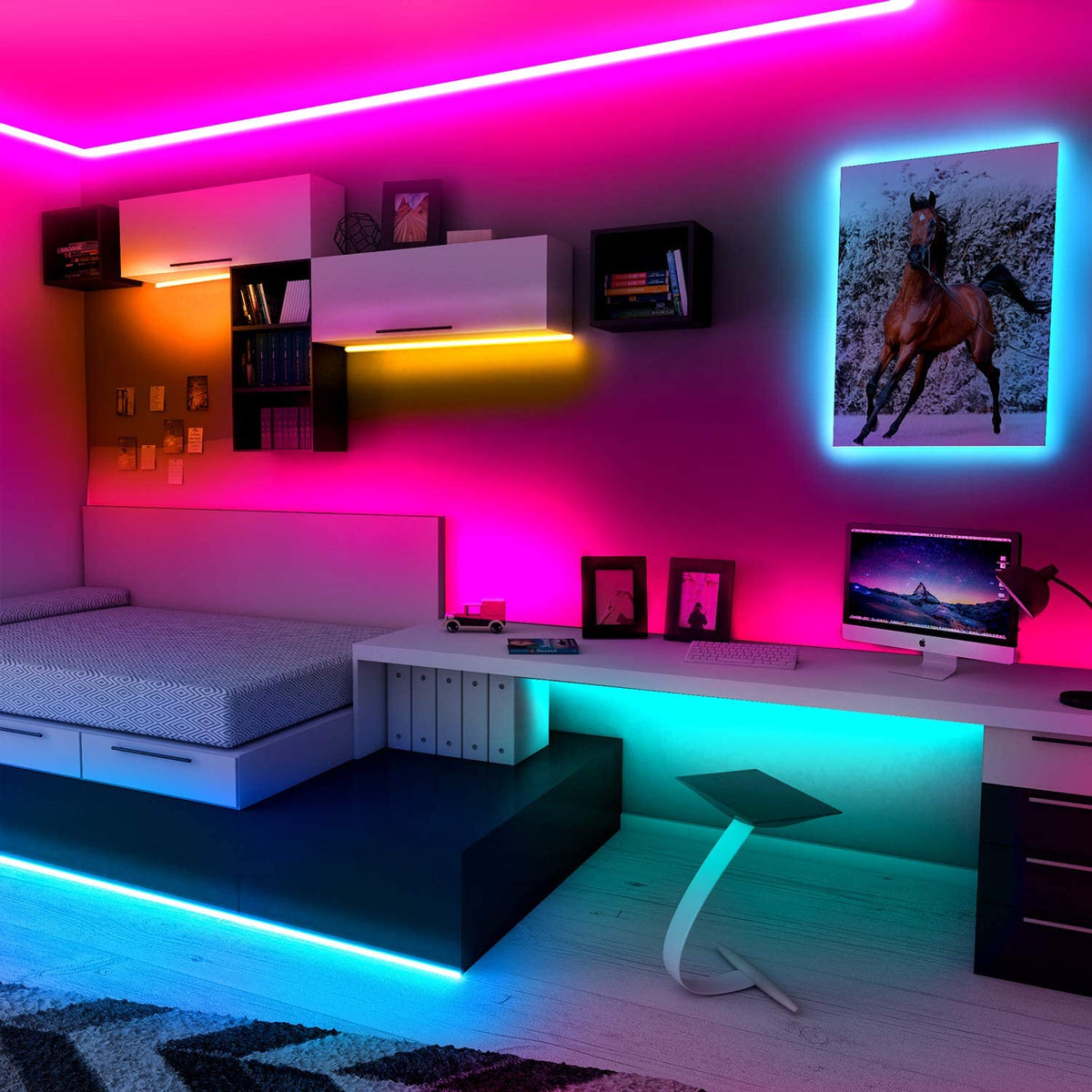 phopollo 5m RGB LED Strip Lights with Remote for Bedroom, Party.24V 5050 RGB, 44-Key Remote, Flexible Adhesive, Bedroom/Party Use