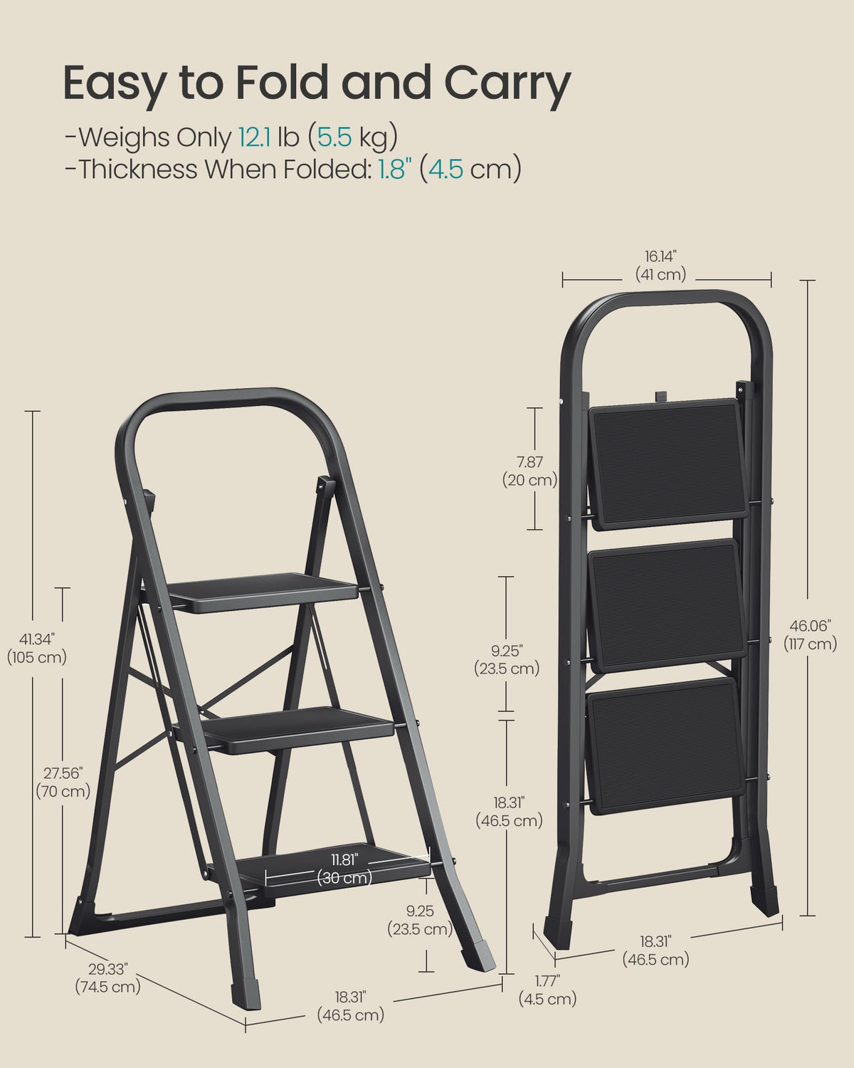 SONGMICS 2-Step Ladder, Folding Step Ladder, Safety, Holds up to 150KG
