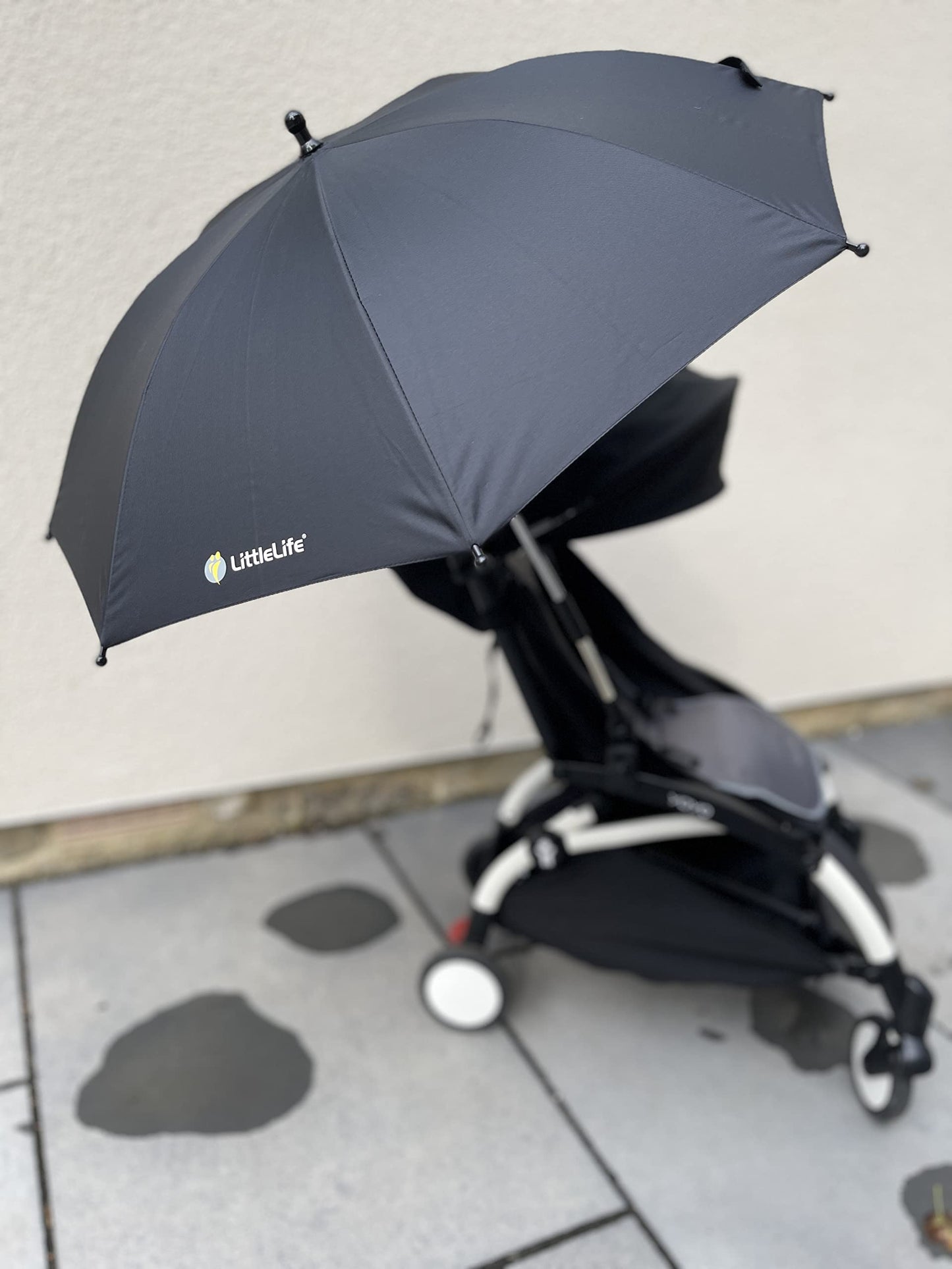 LittleLife Baby Sun Parasol UPF50+ | Universal Pushchair & Buggy Umbrella, Adjustable 360° Shade for Safe Summer Walks, Black