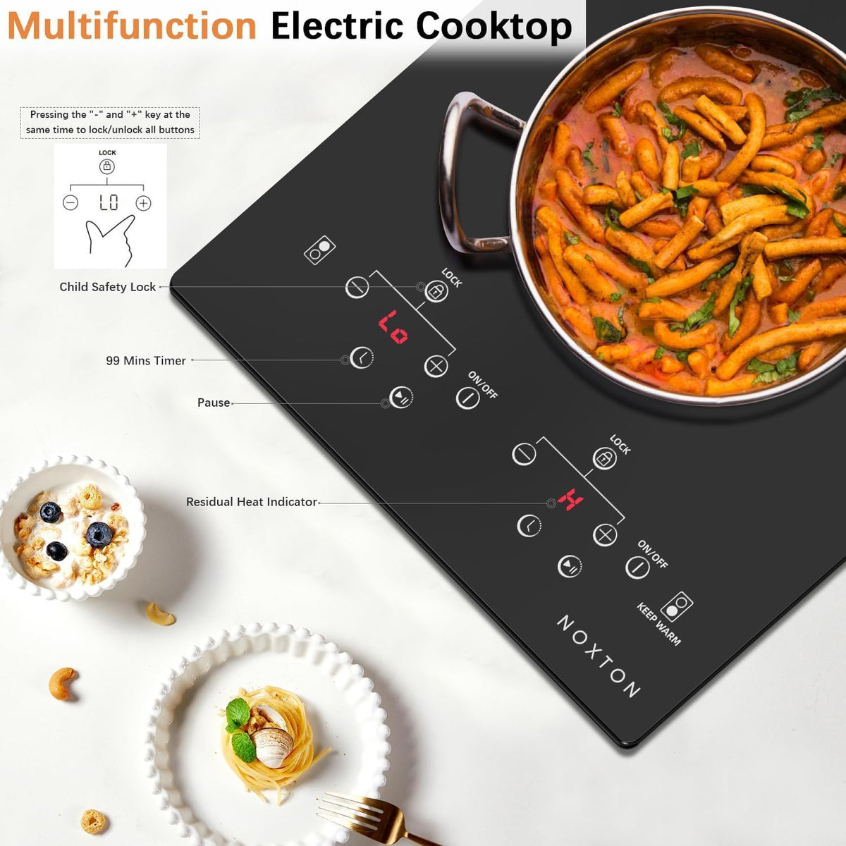 Noxton 2 Zone Ceramic Hob 30cm Electric Hob with Timer, Safe Lock, Pause Coutertop Use Hob with 13AMP Plug 2800W