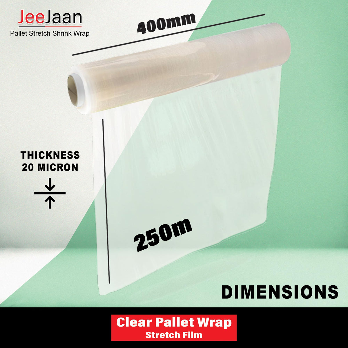 JeeJaan® 1 Roll Clear Pallet Wrap 400mm x 250m 20mu | Tear Resistant Stretch Film | Water & Moisture Proof Pallet Stretch Shrink Wrap | Multi-Use Strong Pallet Stretch Wrap