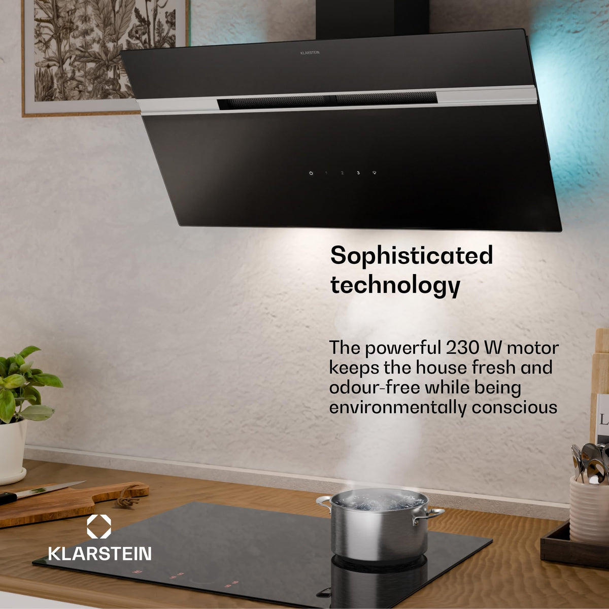 Klarstein Alina 90 Angled Cooker Hood - 615m³/h Air Flow, Touch Panel, LED Backlighting, Quiet 63dB, Energy Class A, 90cm Extractor Hood, Black