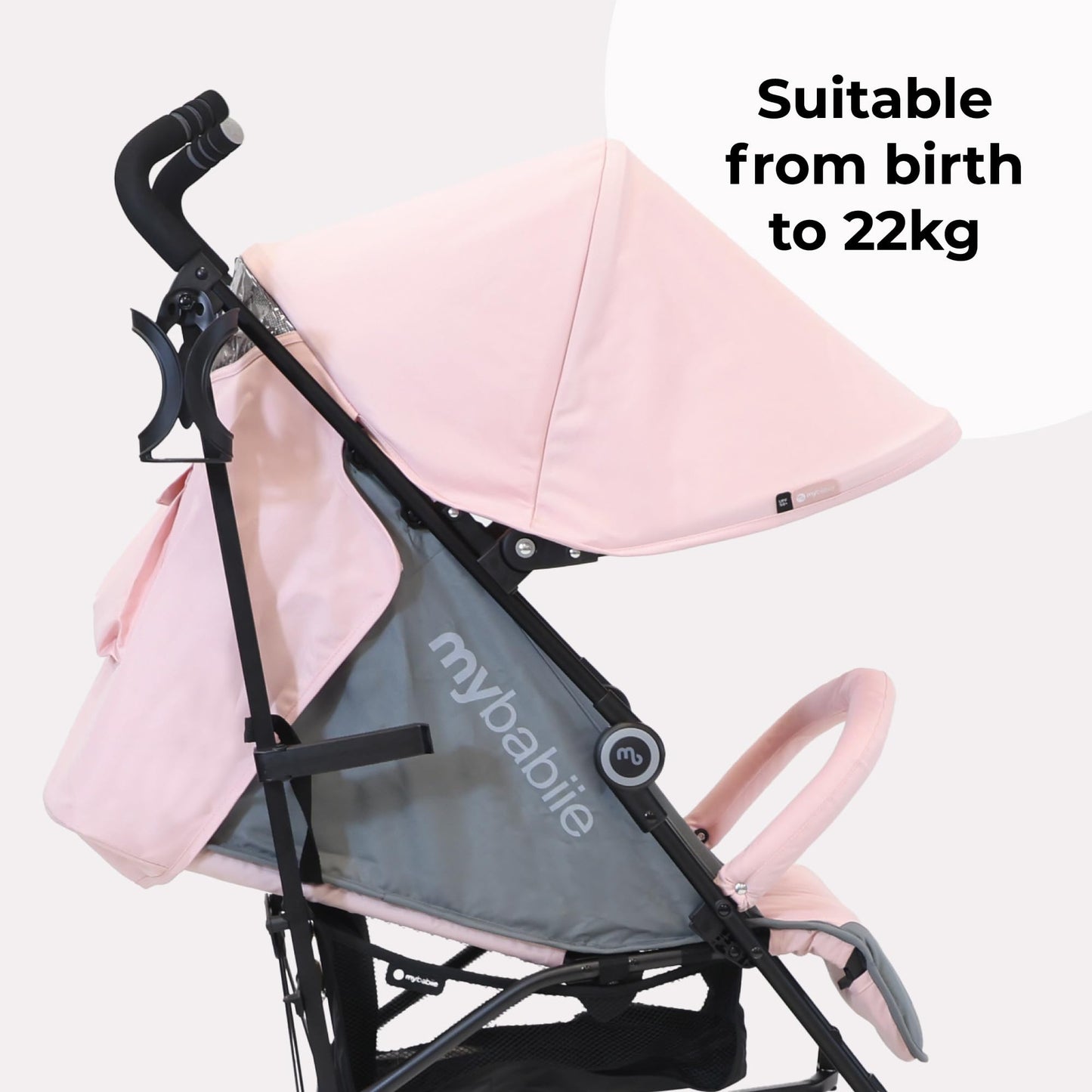 My Babiie MB02 Plus Stroller - from Birth to 4 Years (22kg), Lightweight & Compact Umbrella Fold, Travel Buggy for Toddlers, Pushchair Includes Cup Holder and Rain Cover - Pink & Grey