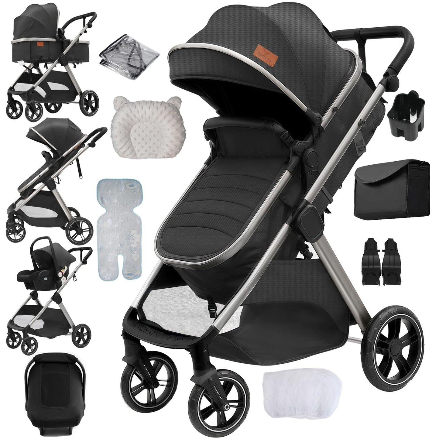 PU Leather 3 in 1 Pushchair Travel System, Toddler Stroller, Baby Pram 3 in 1, Infant Carriage with One-Click Folding, Newborn Buggy with Aluminum Frame (V6 Black)