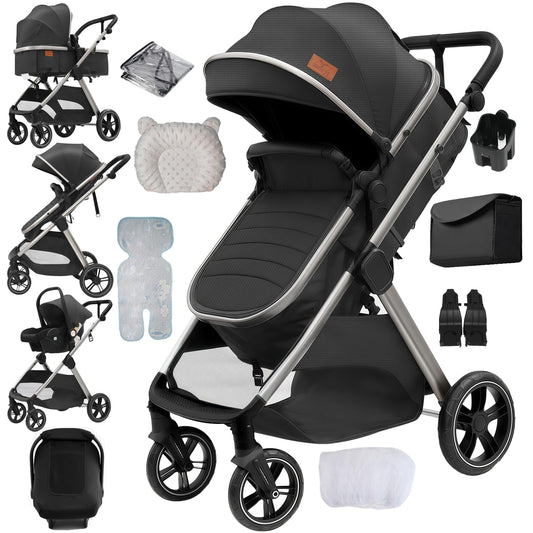 Veitoalioy PU Leather 3-in-1 Pushchair Travel System — Eggshell Seat, One-Foot Brake, Foldable | Black
