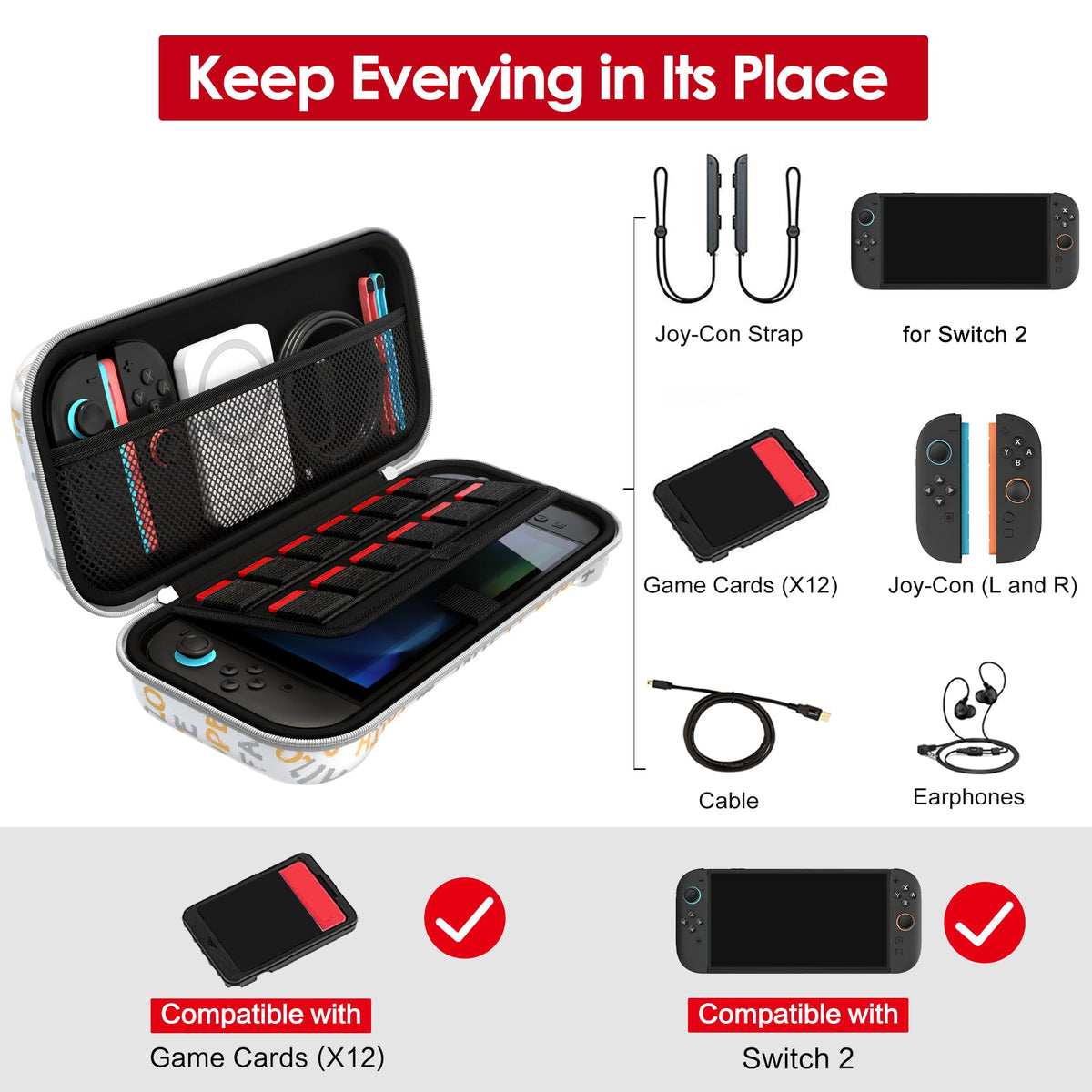 ivoler Carry Case for Nintendo Switch 2 (2025 Model) – Protective Portable Hard Shell Pouch Carrying Travel Game Bag for Nintendo Switch 2 Accessories Holds 12 Game Cartridge– Black