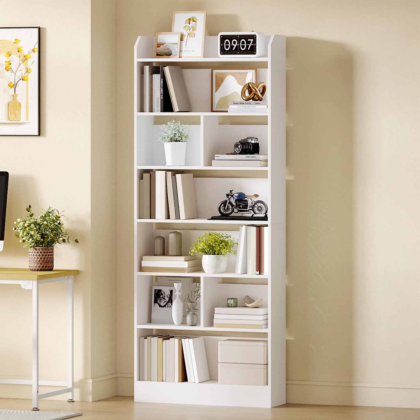 Hzuaneri 6-Tier Bookcase, Bookshelf with 8 Adjustable Storage Shelf Unit, White Bookcase for Living Room, Home Office, Bedroom, Study, 24 x 60 x 199 cm, White, BC11703X