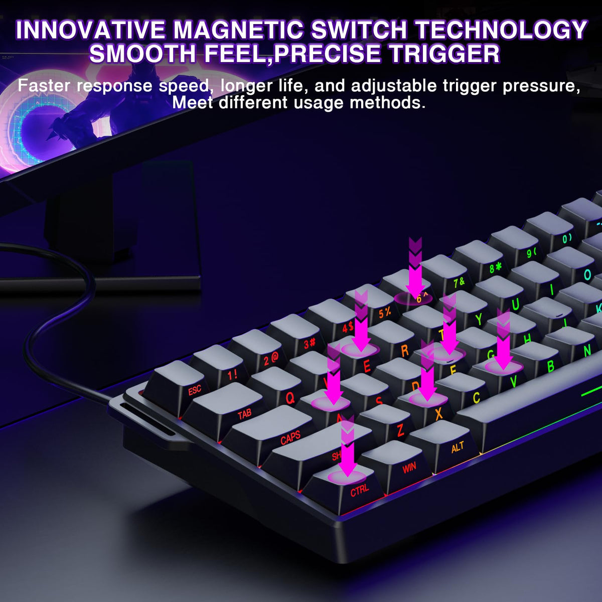AULA WIN60 HE Mechanical Gaming Keyboard Wired,Hall Effect Magnetic Switches,Adjustable Actuation Rapid Trigger,8K Polling Rate,RGB Backlight,60% Percent Keyboard for Mac/Win (BLACK) (Pack of 2)
