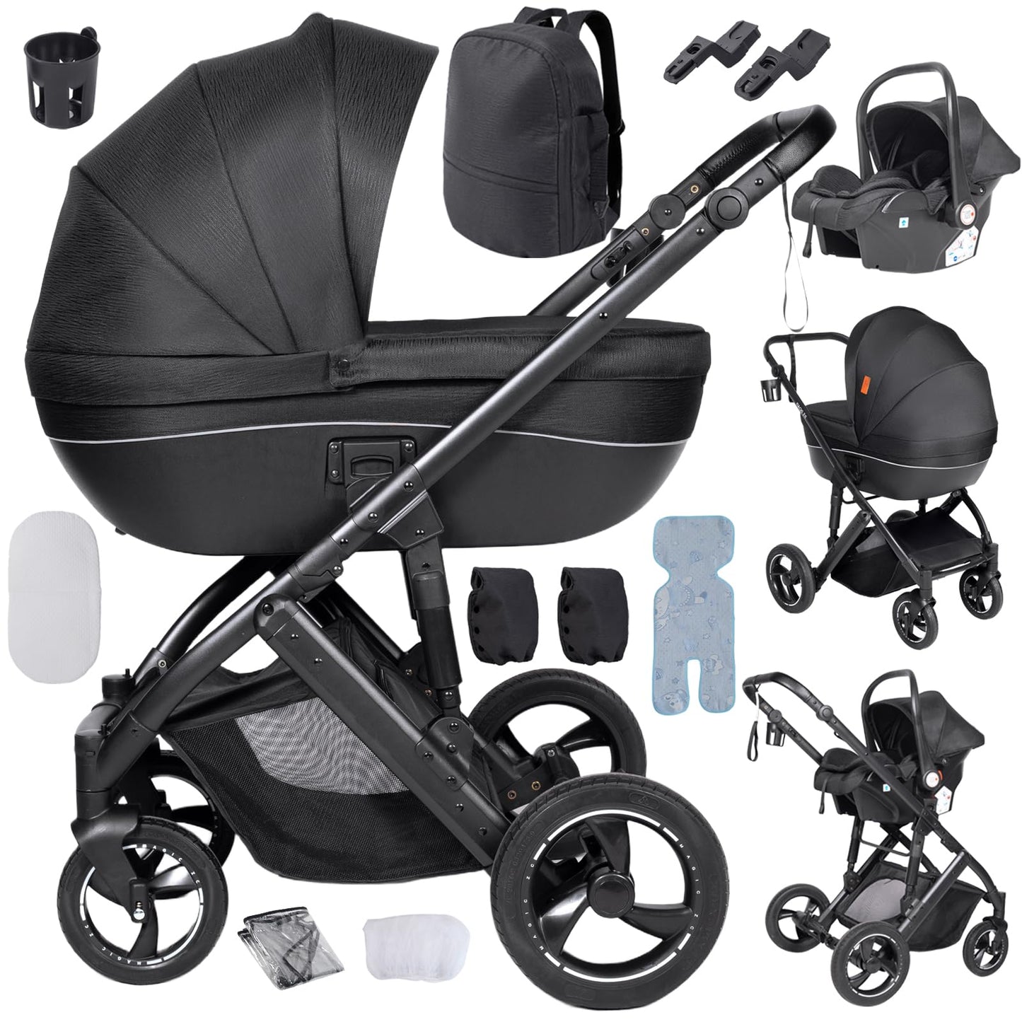 PU Leather 3 in 1 Pushchair Travel System, Toddler Stroller, Baby Pram 3 in 1, Infant Carriage with One-Click Folding, Newborn Buggy with Aluminum Frame (V6 Black)