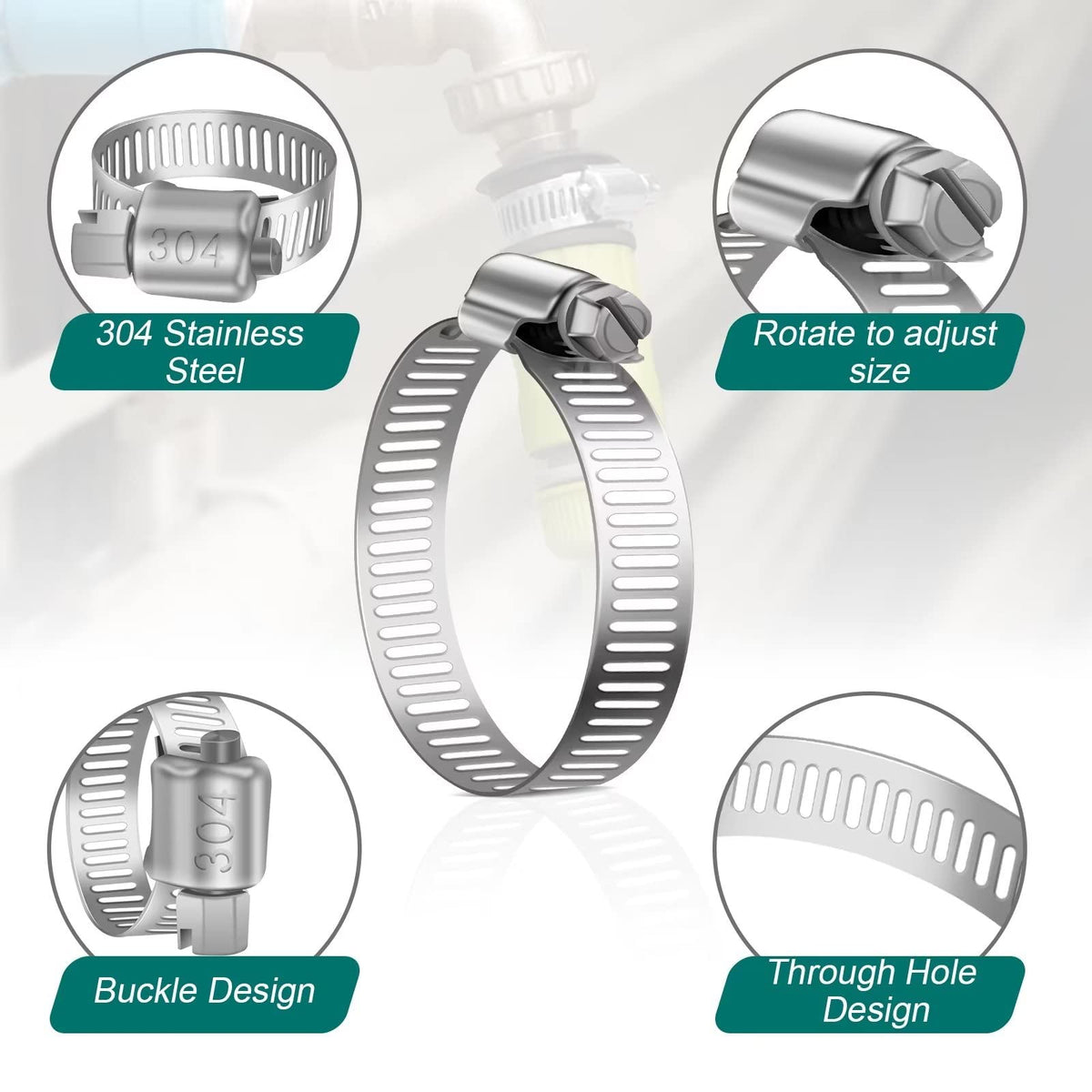 Hose Clips 141-165mm, 4 Pcs Hose Pipe Clips Stainless Steel 304
