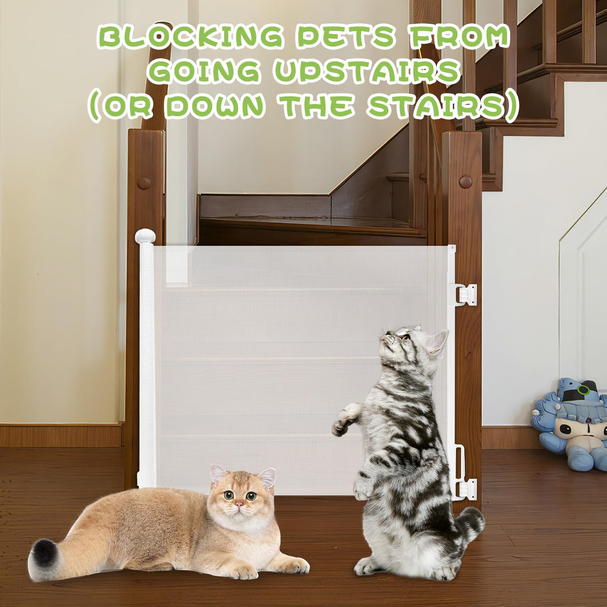 Rainberg Retractable Stair Gate for Baby & Pet with Secure 2-Step Lock 150cm Wide & 80cm Tall, One Hand Operated Baby Gate, Child Safety Gate for Doorways Stairs, Hallways, Kitchen (Grey)