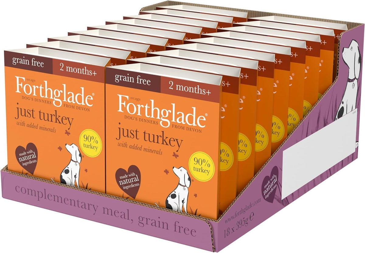 Forthglade Complementary Wet Dog Food (12 x 395g Trays) - Grain Free & Hypoallergenic Dog Food, Just Chicken, Chicken with Liver & Turkey, 90% Protein Stomach Sensitive with Natural Ingredients