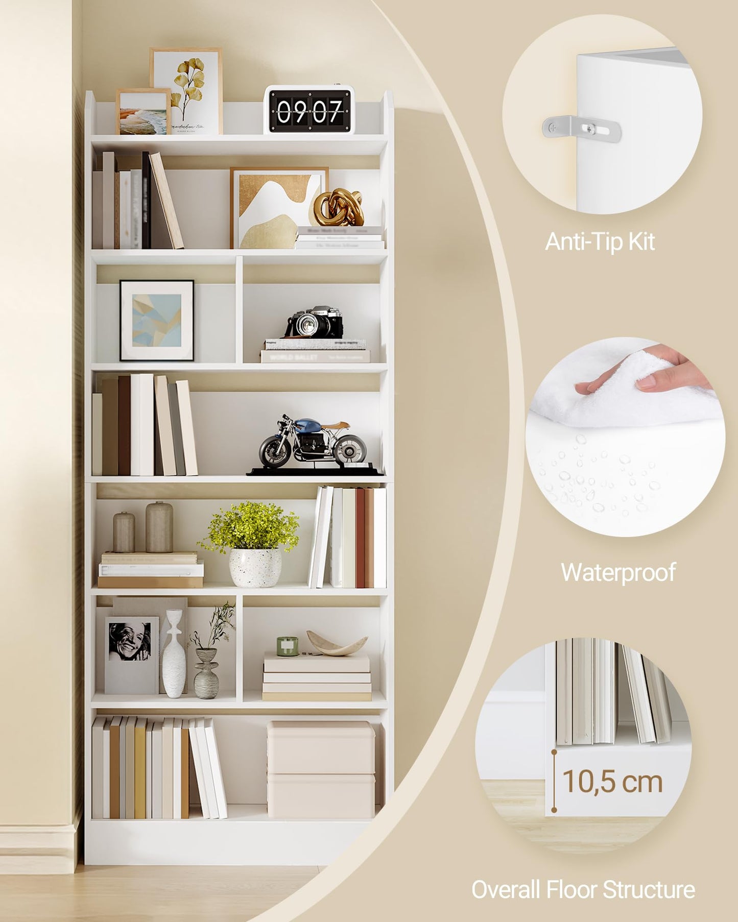 Hzuaneri 6-Tier Bookcase, Bookshelf with 8 Adjustable Storage Shelf Unit, White Bookcase for Living Room, Home Office, Bedroom, Study, 24 x 60 x 199 cm, White, BC11703X