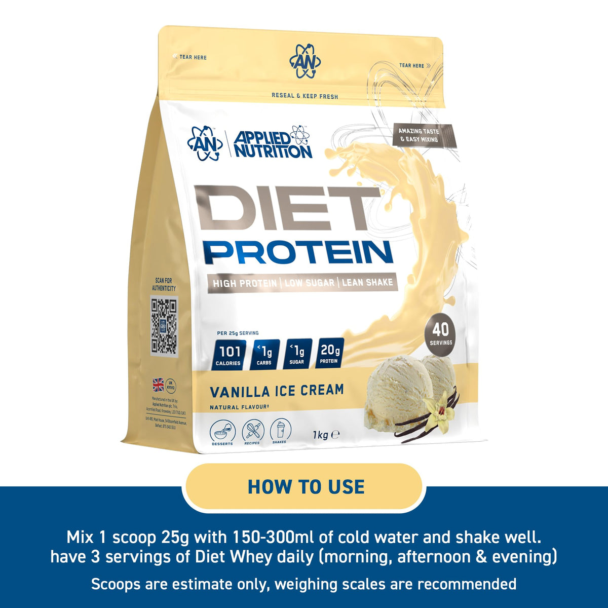 Applied Nutrition Diet Whey - High Protein Powder Supplement, Low Carb & Sugar, for Weight Management with CLA, L Carnitine, Green Tea (450g - 18 Servings) (Vanilla)