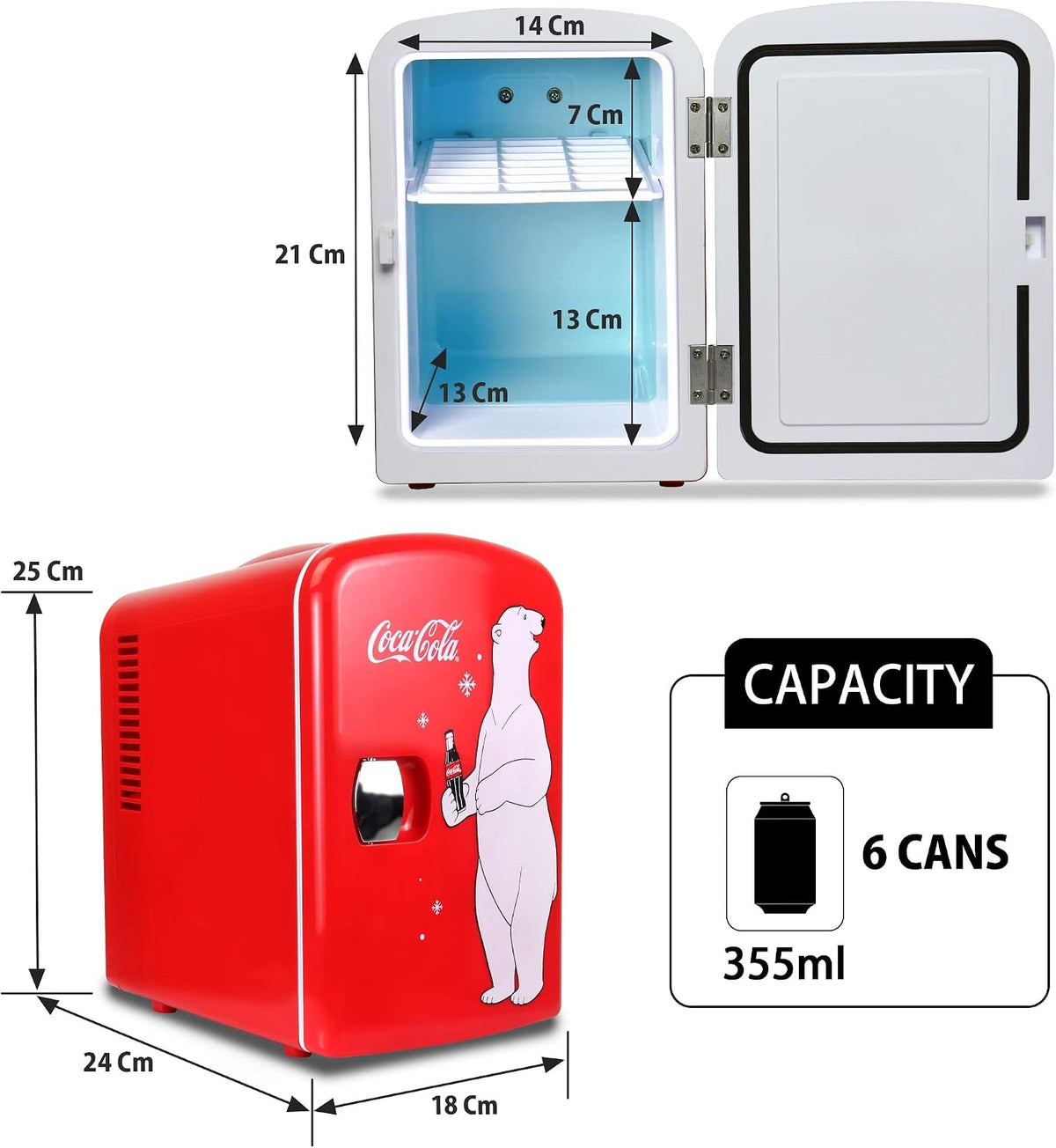 Coca Cola Polar Mini Fridge - Refrigerator for Bedroom Skincare Office, Portable Table Top Beverage Cooler, 12V DC/220V AC Refrigerador For Drinks, Soda, Wine, Use In Car, Dorm, Patio, 6 Can