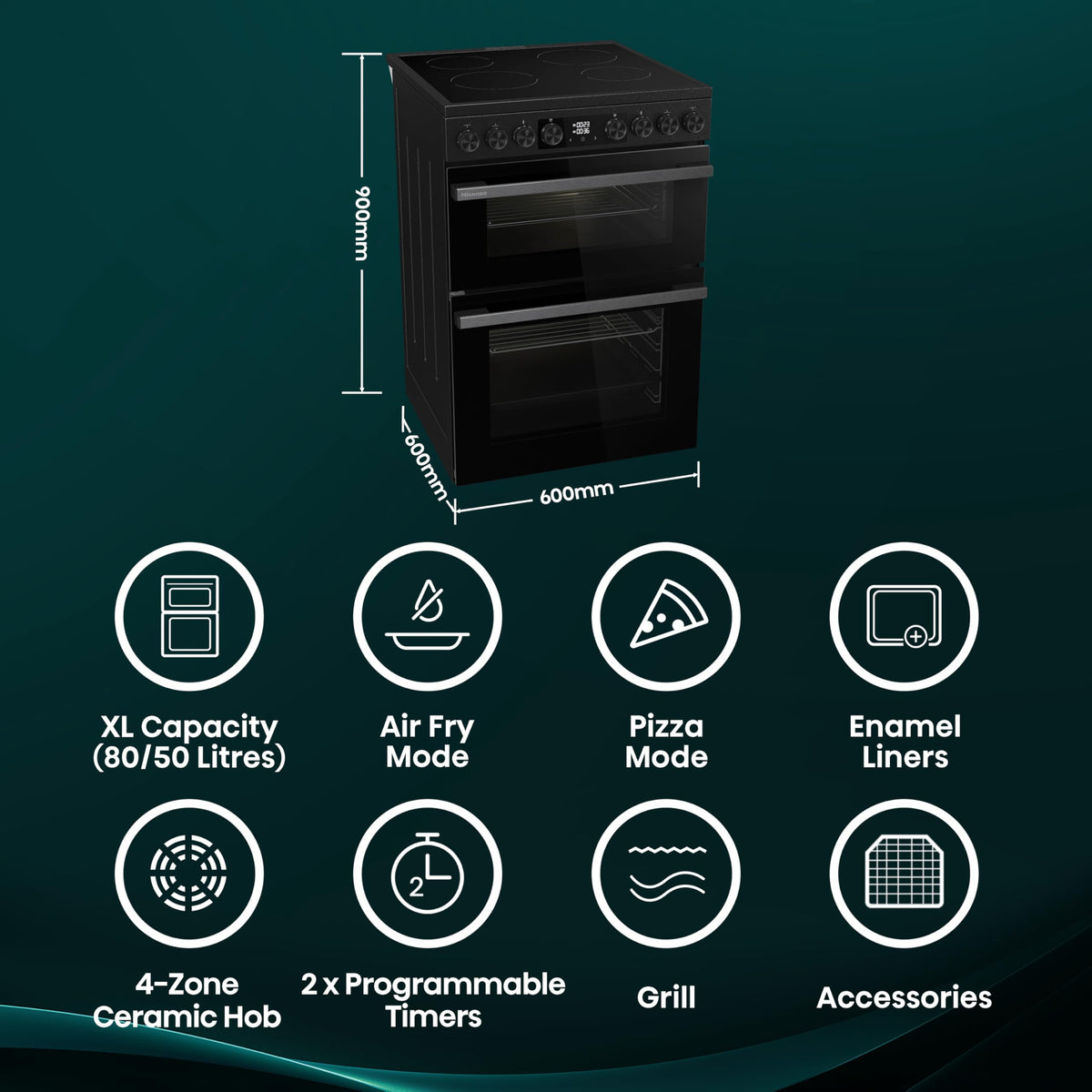 Hisense HDUKC60W 60cm Electric Cooker with Ceramic Hob-White, A Rated Double Oven 50L/80L [Energy Class A]