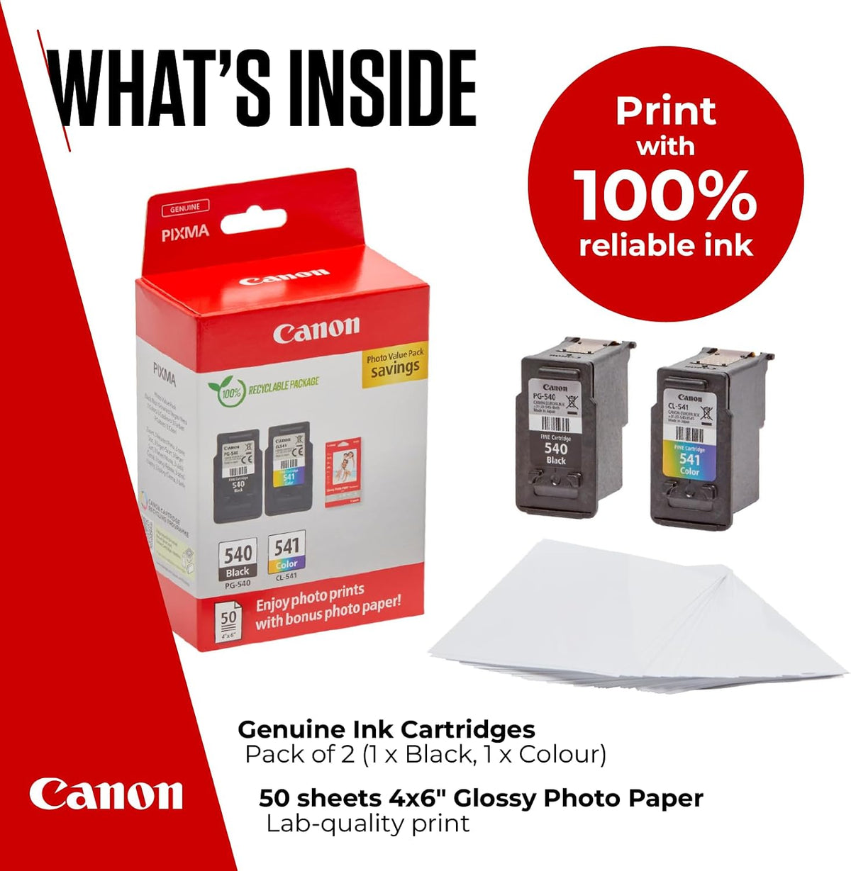 Canon PG-540 + CL-541 FINE Genuine Ink Cartridges + Photo Paper
