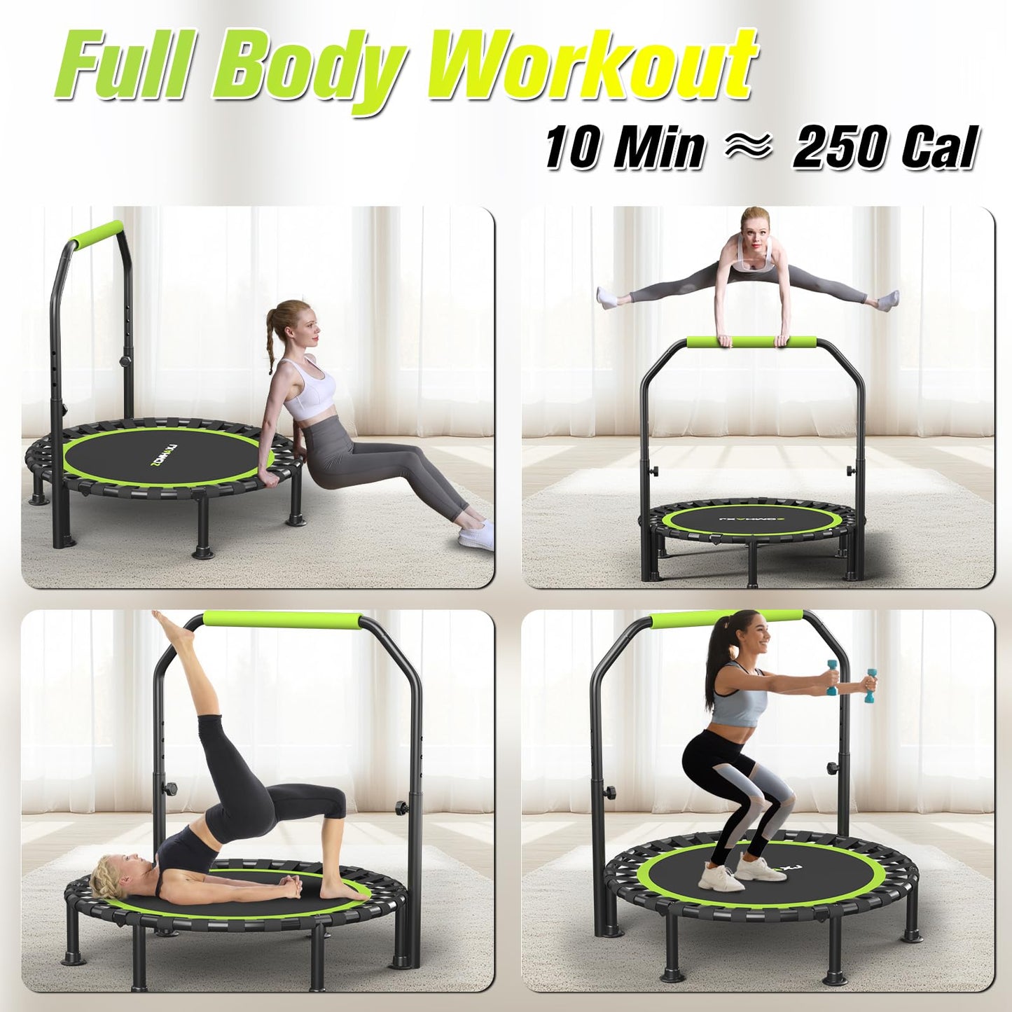 ZCMHAXJ Foldable Mini Trampoline, 40" Rebounder Trampoline for Adults & Kids, 450lbs Capacity with/without U/T-Shaped Adjustable Bar, Indoor Fitness Workout Exercise Equipment
