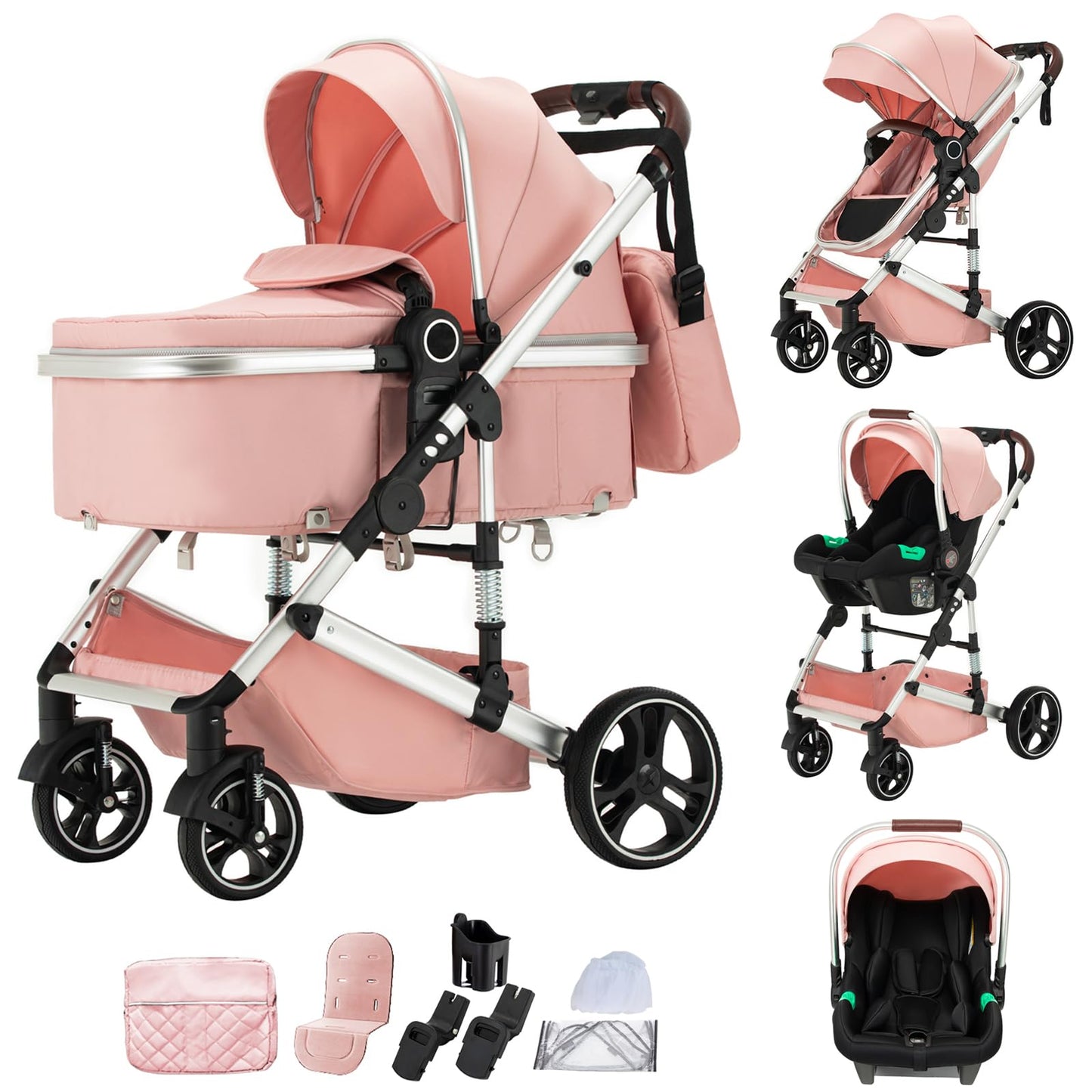 Stroller 3 in 1 Travel System Aluminium Frame High Landscape Combined Strollers Lightweight Folding Pram for Newborns Toddlers 0-36 Months from Birth Aluminium Pushchair (D2/Pink, H2-D)
