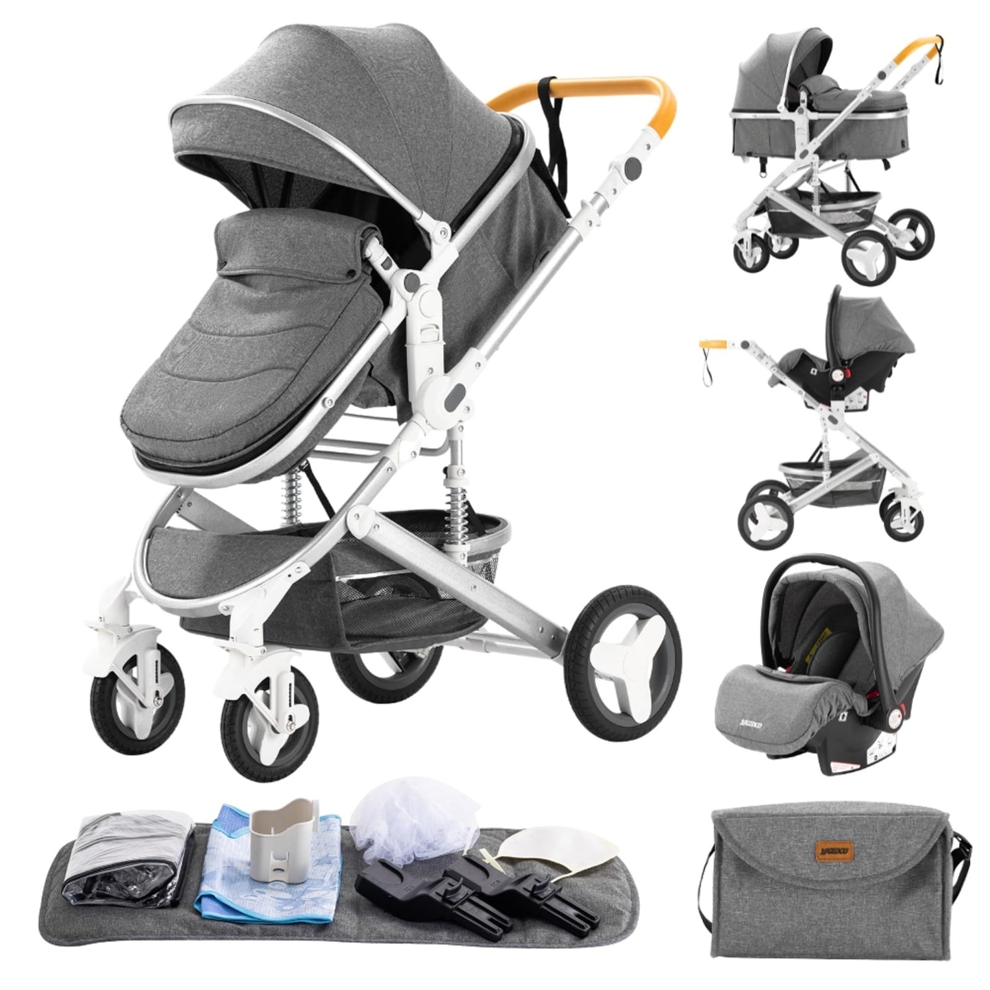 GLOKID 3 in 1 Prams Travel System, 0-4 Years, Foldable, Compact and Reclining Baby Pushchair, Aluminum Frame, Accessories, Nursery Bag (530 Red)