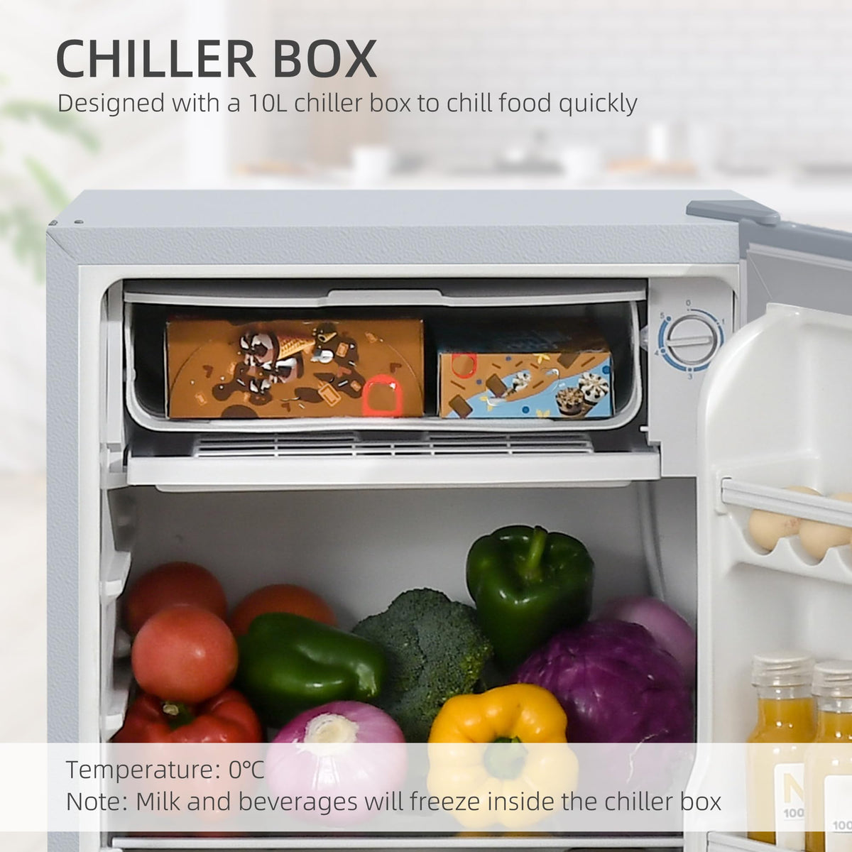 HOMCOM Under Counter Fridge 91L Small Fridge with Chiller Box Silver Tone