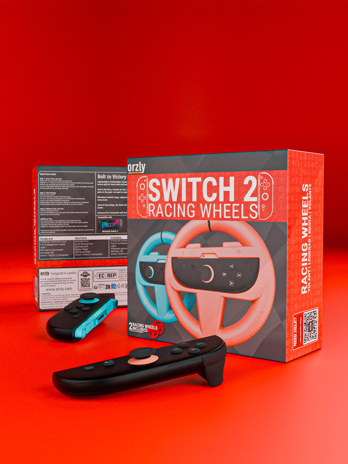 Orzly Racing Steering Wheels – Compatible with Switch 2 (2025 Console) – Party Pack of 4 Joy-Con Controller Attachments for Racing Games (2 Black, 1 Blue, 1 Red)
