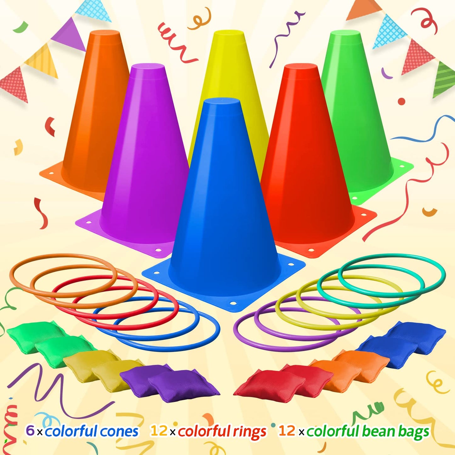 Eocolz 3 in 1 Carnival Games Set, Soft Plastic Cones Bean Bags Ring Toss Games for Kids Birthday Party Outdoor Games Supplies 32 Pcs Combo Set