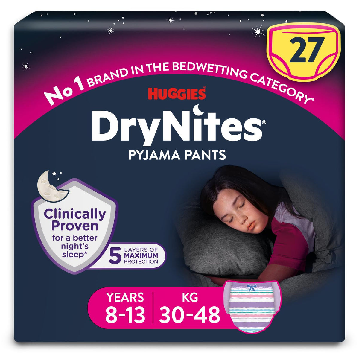 HUGGIES DryNites Pyjama Pants, Girl's 4-7 Years (17-30KG), 30 x Bedwetting Pants, Up to 100% Leak Free Nights
