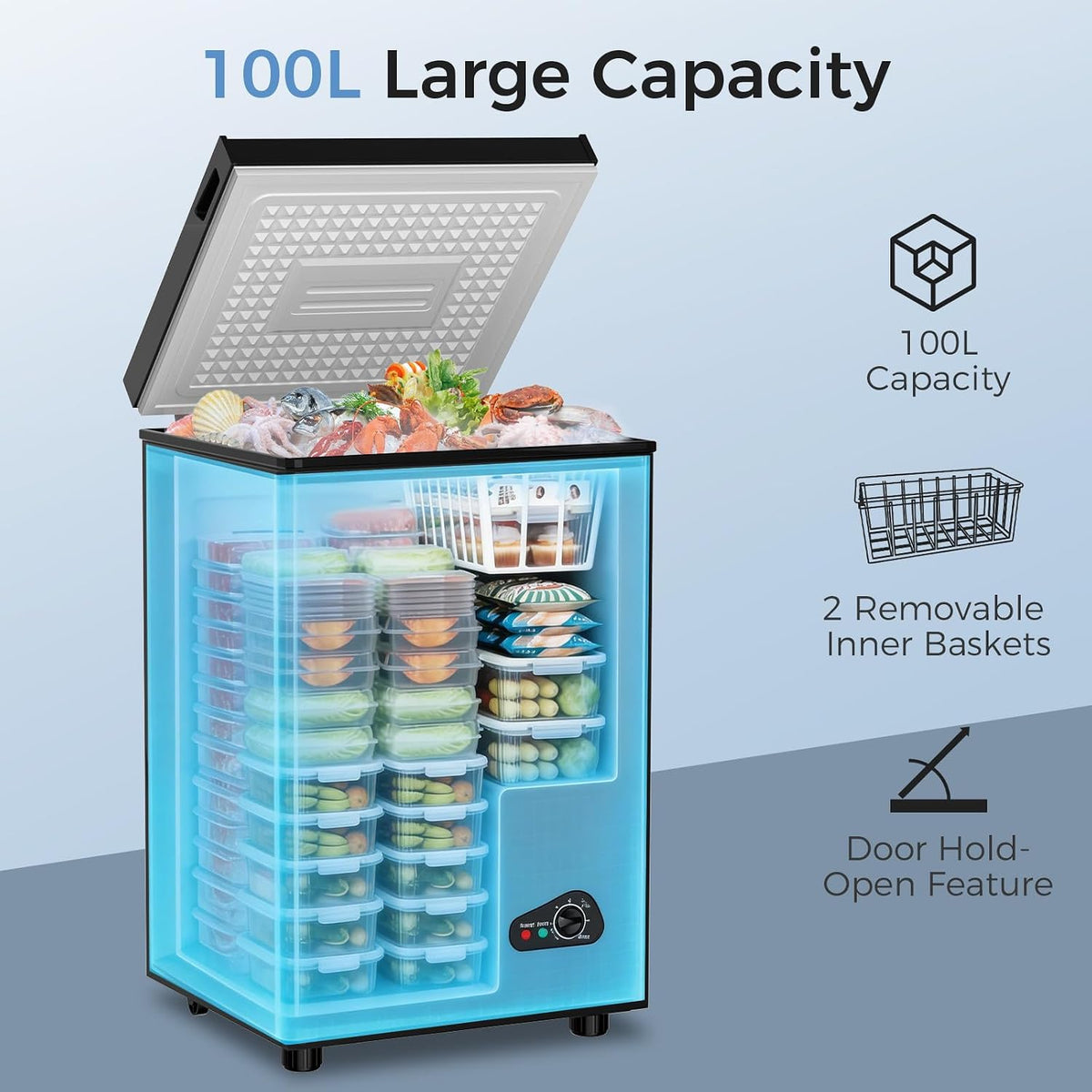YASHE 100L Chest Freezer, Compact Deep Freezer with 2 Baskets, White