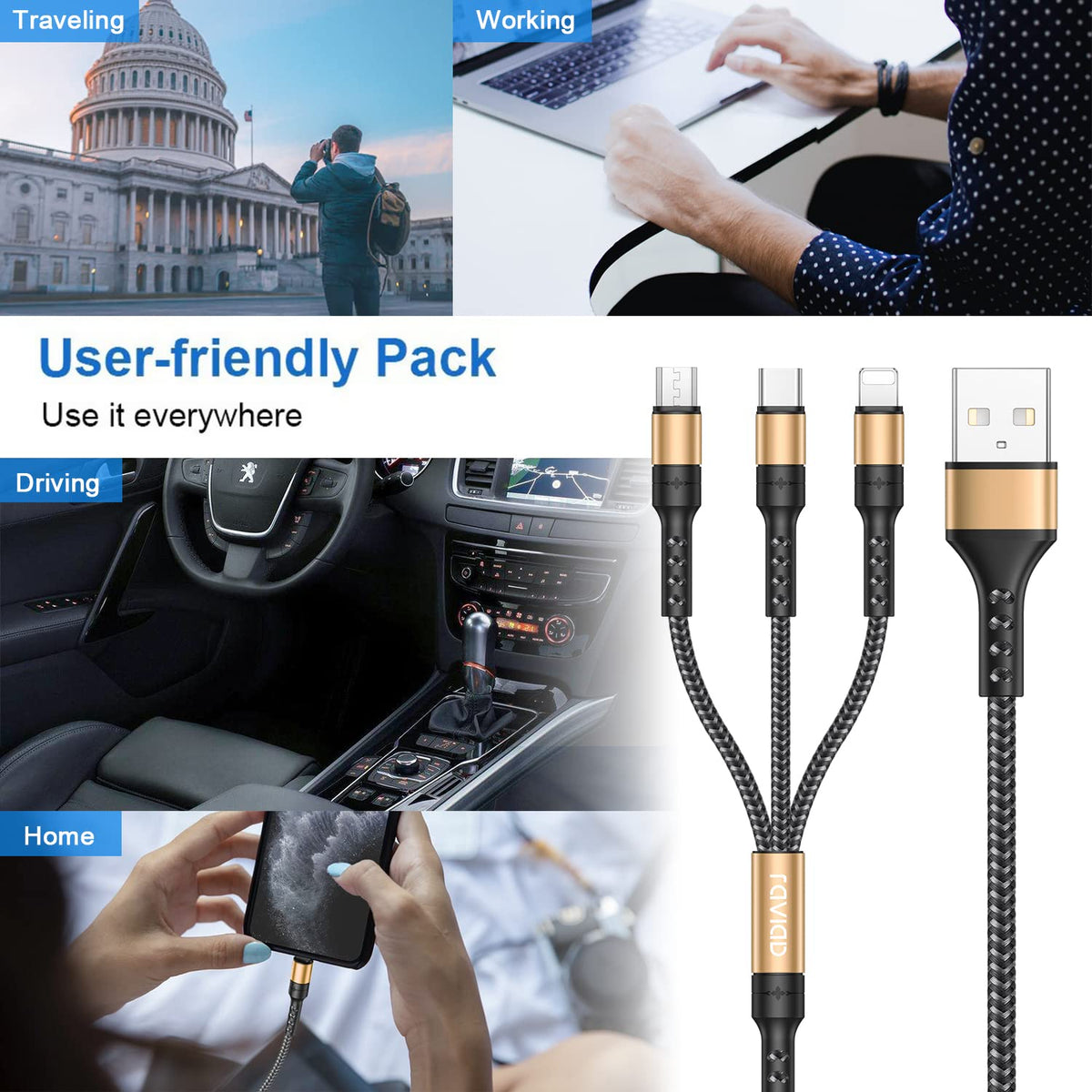 RAVIAD Multi Charger Cable, 3 in 1 Charger Cable 3A USB Fast Charging Cord