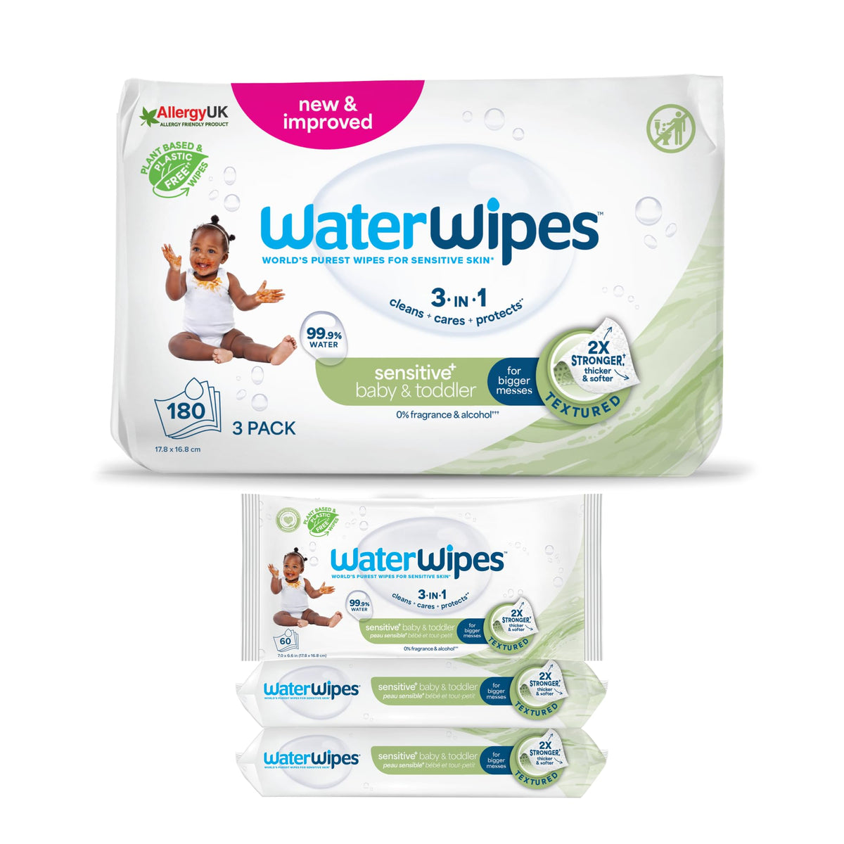 WaterWipes Sensitive+ Baby & Toddler Wipes, 99.9% Water, Unscented, 12 Pack