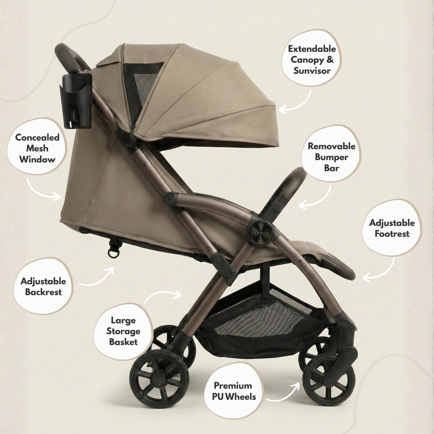 Venture Avio Stroller – Lightweight Compact Pushchair for Toddlers up to 4 Years – Travel Baby Stroller with Raincover, Cup Holder, Large Basket (Truffle)