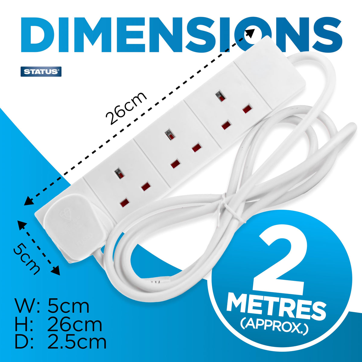 STATUS 4 Way Socket Extension Lead, 4m Cable with Neon Power Indicator, 13A Multi-Plug Strip for Home or Office, Wall Mountable, White (S4W4MS6)