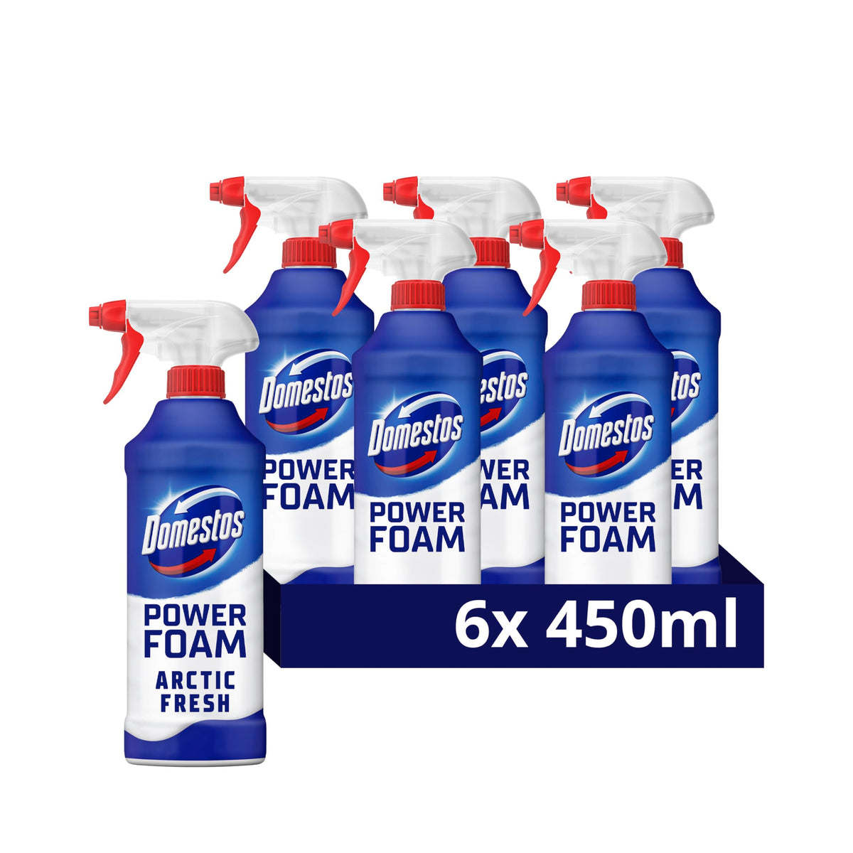 Domestos Power Foam Arctic Fresh Toilet & Bathroom Cleaner Spray sprays upside down & eliminates 99.99% of germs* for cleaning inside the toilet & around the bathroom 450 ml